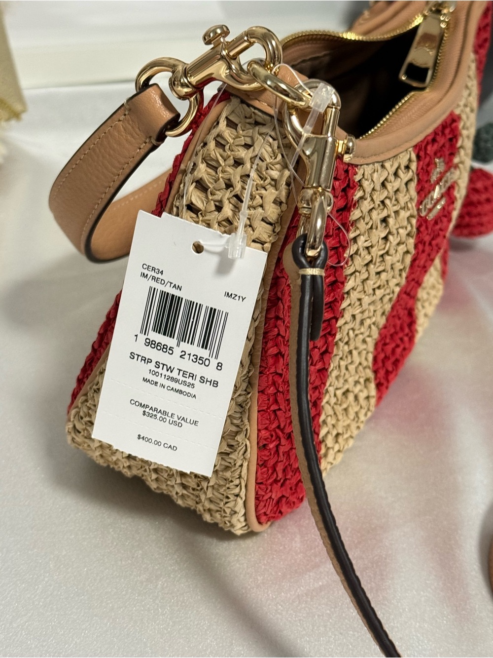 COACH teri shoulder bag with stripes and charm. gold/red/tan CER34 - Picture 11 of 11